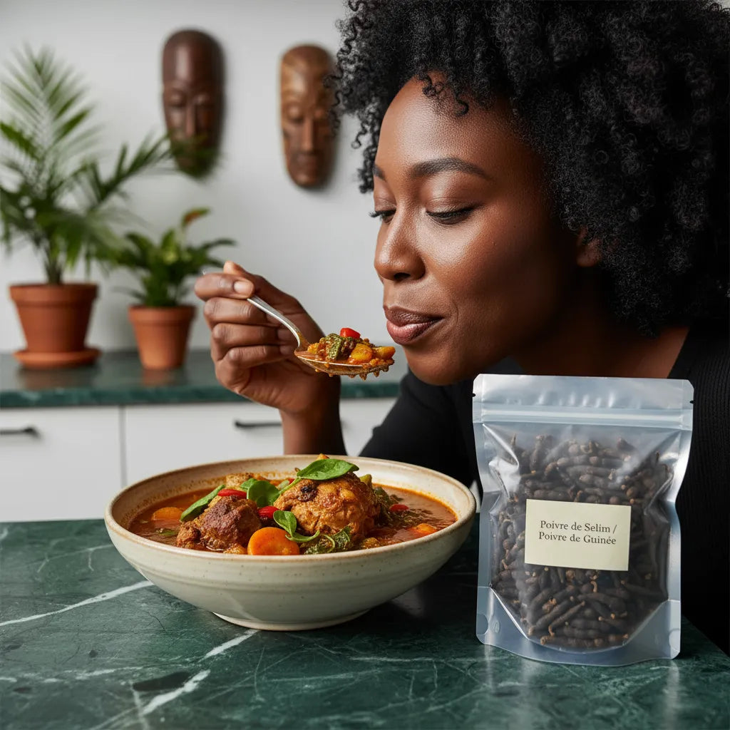 Femme dégustant un plat africain épicé avec Poivre de Guinée, mettant en valeur la richesse culinaire de cette épice rare et savoureuse.